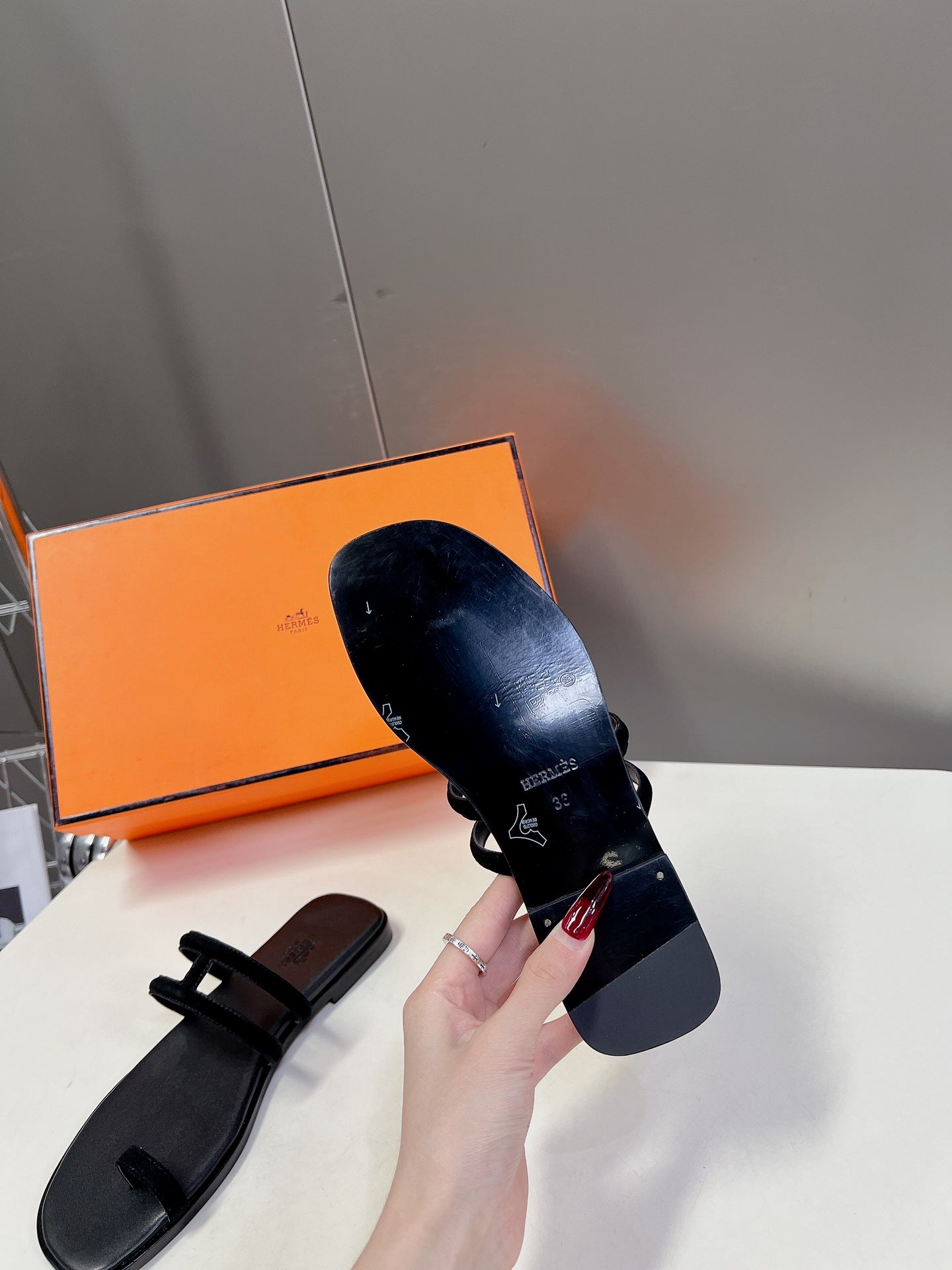 HERMES Georgia Sandals Black Suede Black Calfskin