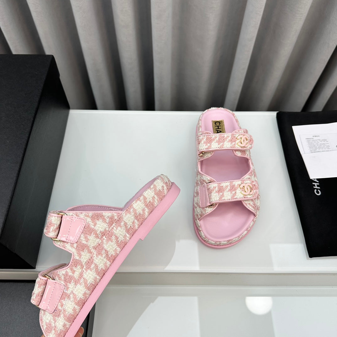 CHANEL dad sandals pink white mules