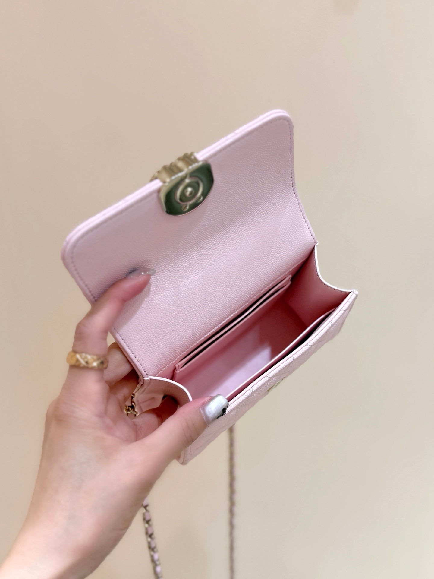 CHANEL QUILTED MINI FLAP BAG WITH HANDLE 14 IN BABY PINK LAMBSKIN GOLD PLATED METAL