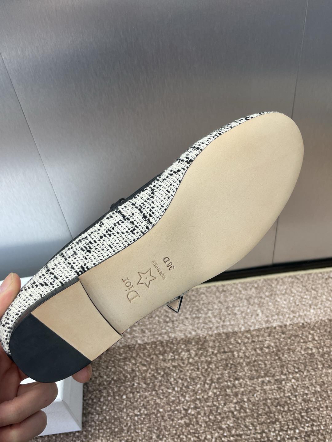 DIOR D-RAMOUR BALLET FLATS IN WHITE MIX BLACK EMBROIDERED CANNAGE TWEED