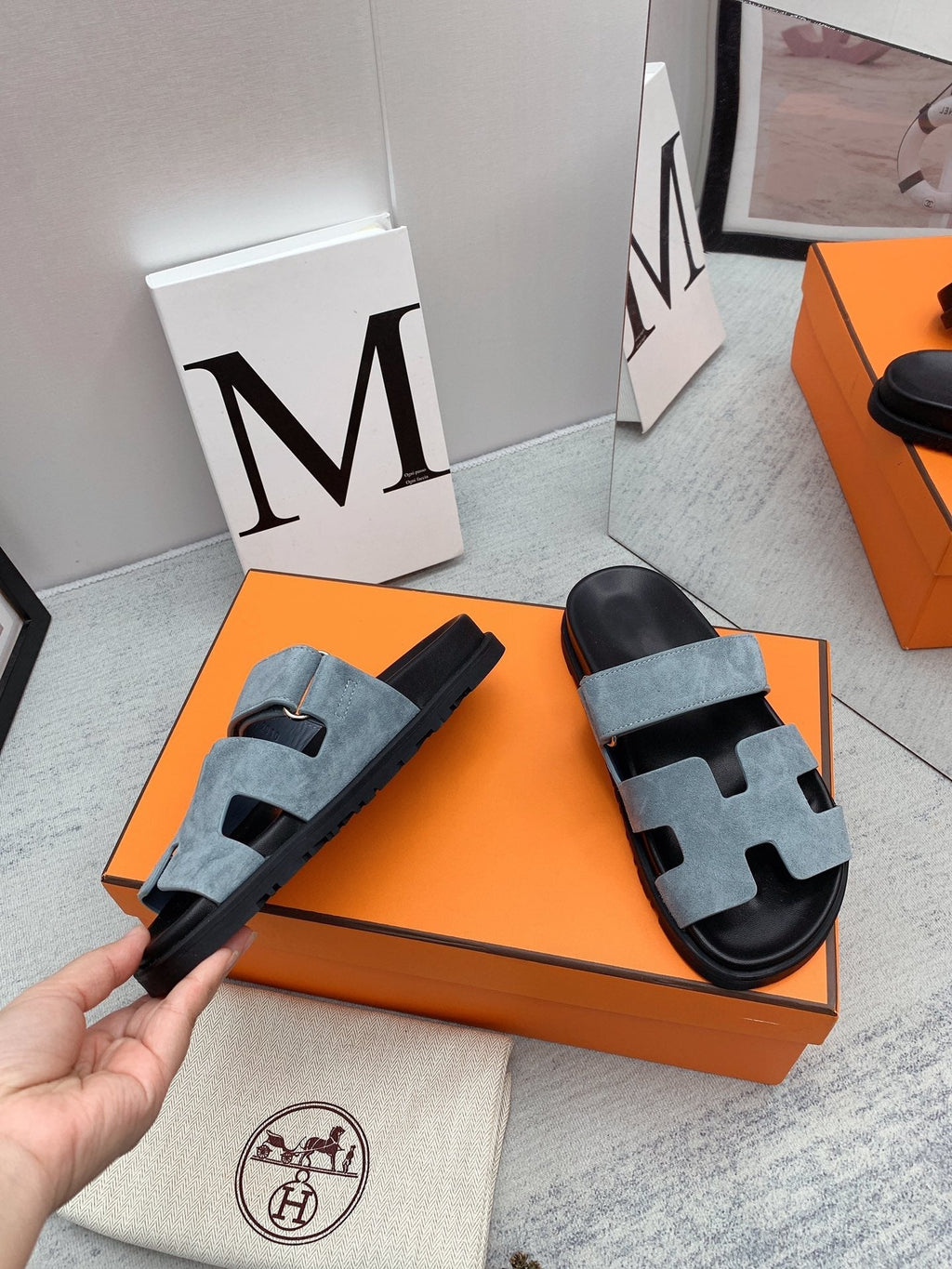 HERMES Chypre Sandal Black insole Light Blue lining